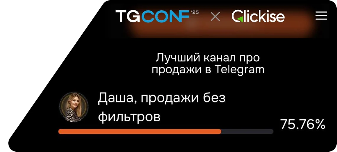 Скриншот голосования TGCONF × Clickise: канал «Даша, продажи без фильтров» — 75,76% голосов в номинации «Лучший канал про продажи в Telegram»
