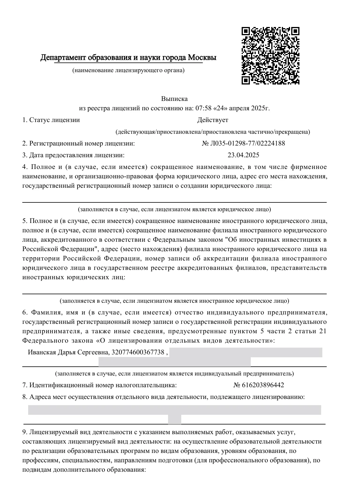 Выписка из реестра лицензий № Л035-01298-77/02224188, страница 1: статус «Действует», лицензиат ИП Иванская Дарья Сергеевна
